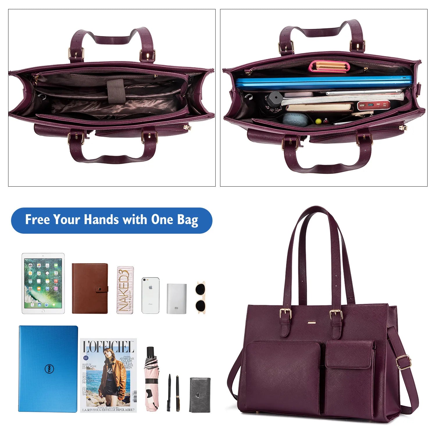 JMT-215626 Waterproof Leather Laptop Tote Bag for Women, Fits 15.6in Devices, Stylish Work Briefcase