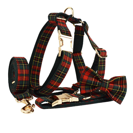 JMT-216458 Plaid Christmas Pet Collar and Leash Set with Bow and Vest – Four or Five Piece Options Available