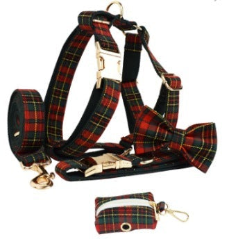 JMT-216458 Plaid Christmas Pet Collar and Leash Set with Bow and Vest – Four or Five Piece Options Available
