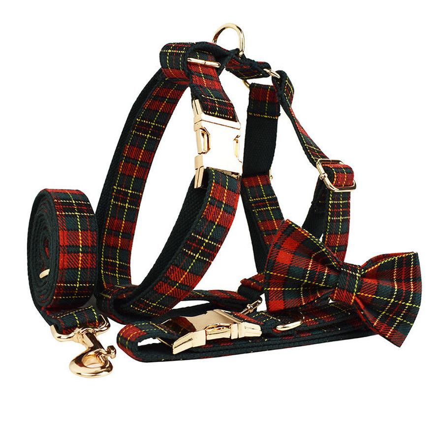 JMT-216458 Plaid Christmas Pet Collar and Leash Set with Bow and Vest – Four or Five Piece Options Available