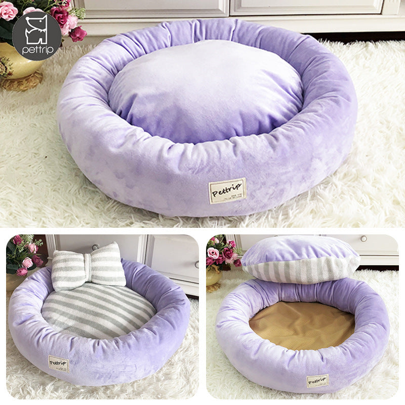 JMT-217418 Crystal Velvet Round Pet Kennel with Included Pillow - Available in Blue, Pink, and Purple, Sizes S, M, L