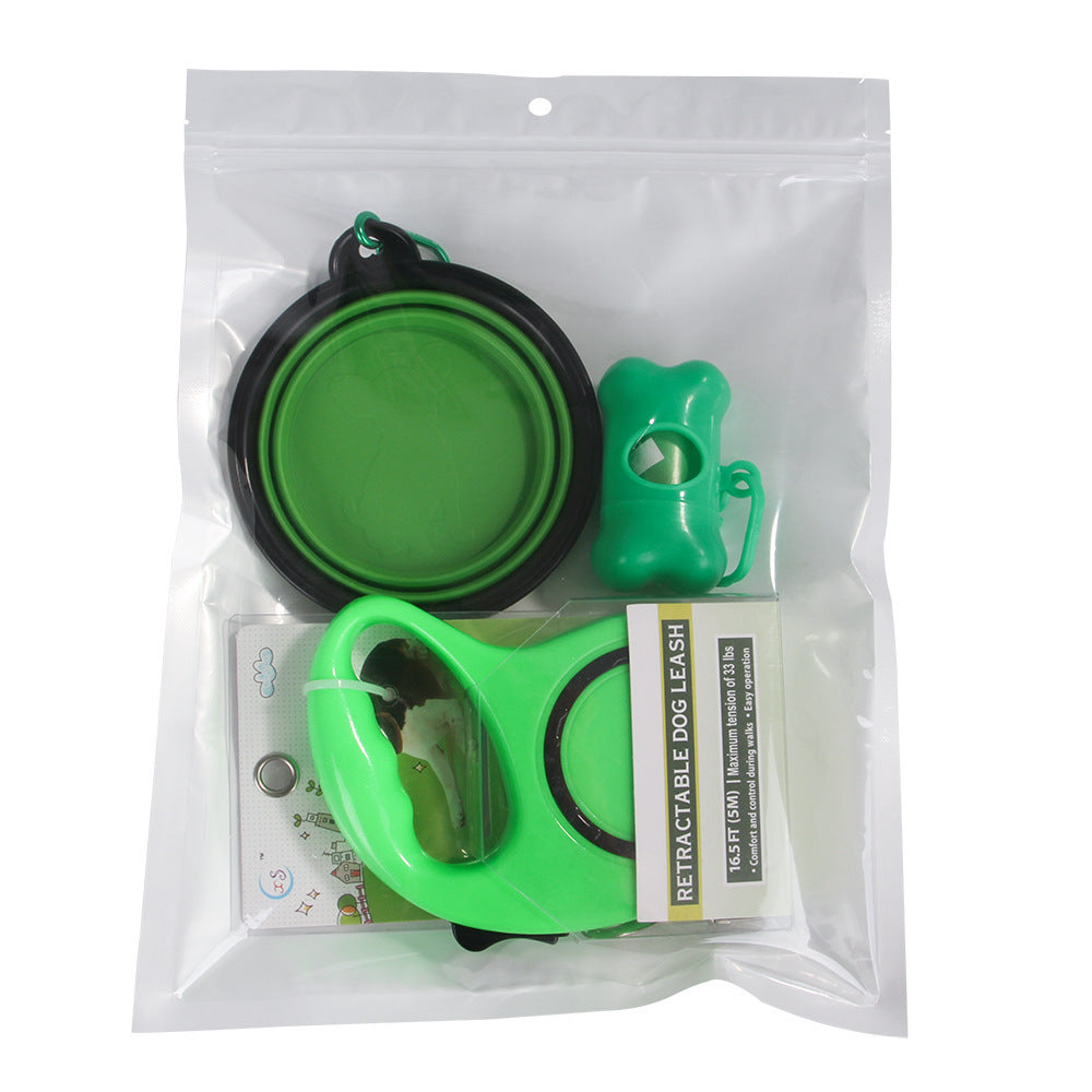 JMT-217610 Compact Dog Traction Rope with Folding Bowl Set - Blue/Green