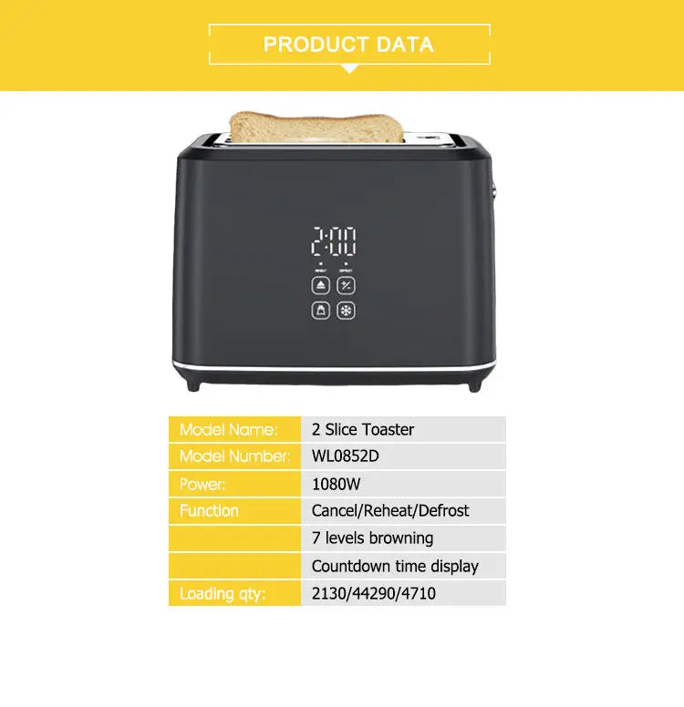 JMT-219210 Smart Touch Screen Toaster - 1080W Dual Slice Design for Perfect Toasting