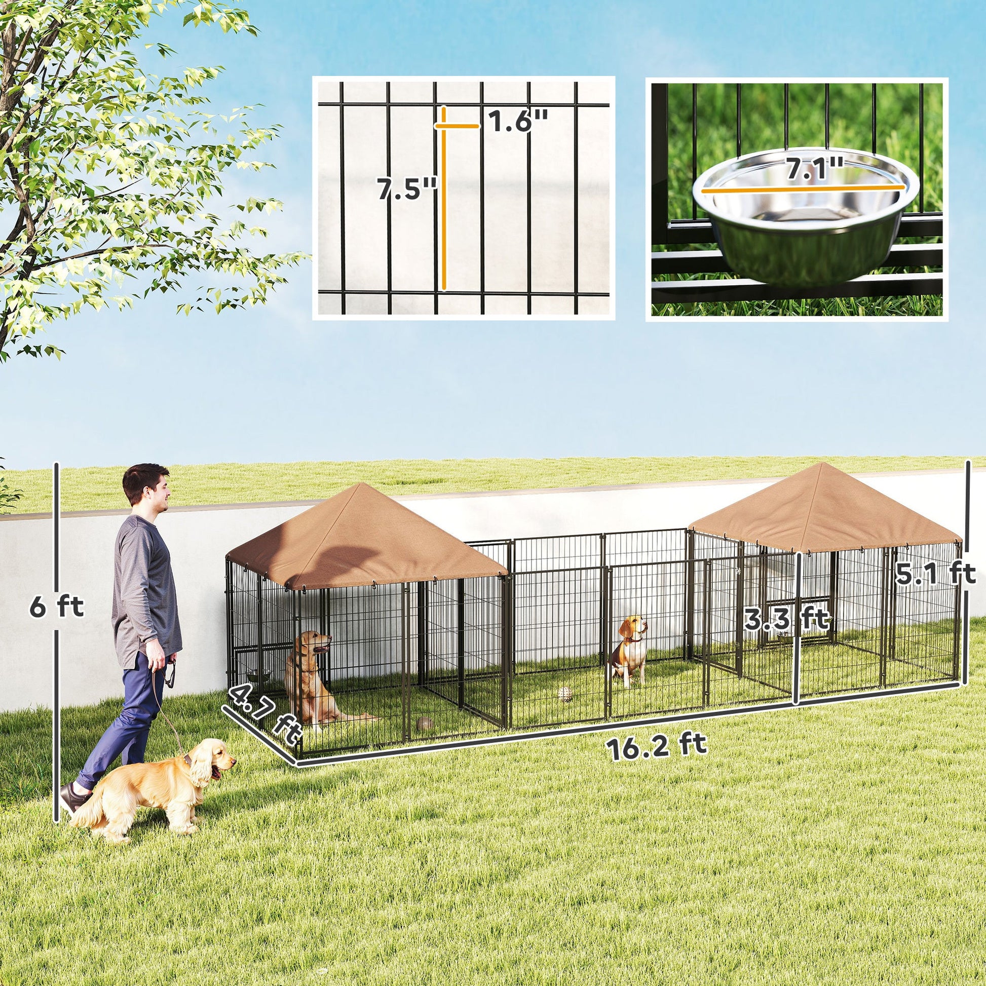 JMT-219274 Large Outdoor Dog Kennel with Two Private Rooms and Adjustable Height Bowls, Waterproof Canopy, Suitable for Dogs Up to 66 lbs