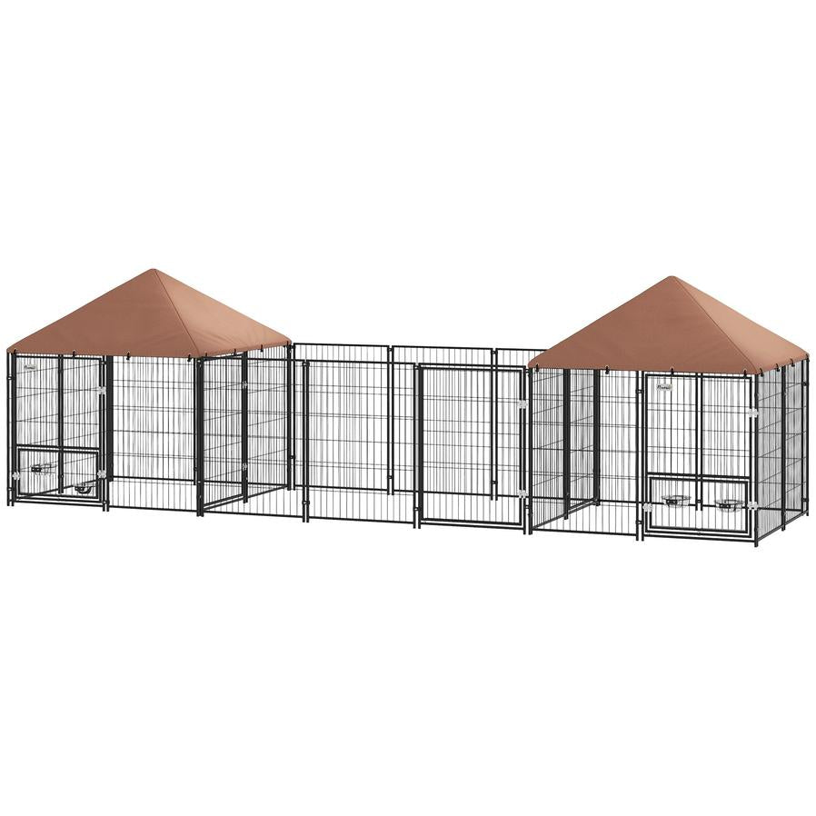 JMT-219274 Large Outdoor Dog Kennel with Two Private Rooms and Adjustable Height Bowls, Waterproof Canopy, Suitable for Dogs Up to 66 lbs
