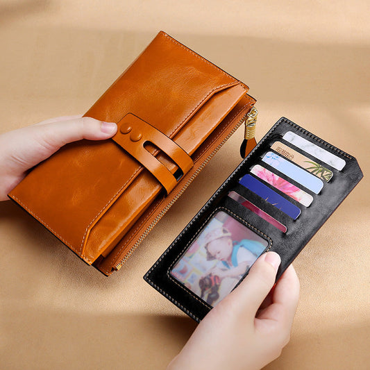 JMT-219594 Long Oil Wax Leather Wallet with Multi Card Slots and Zippered Compartment for Women