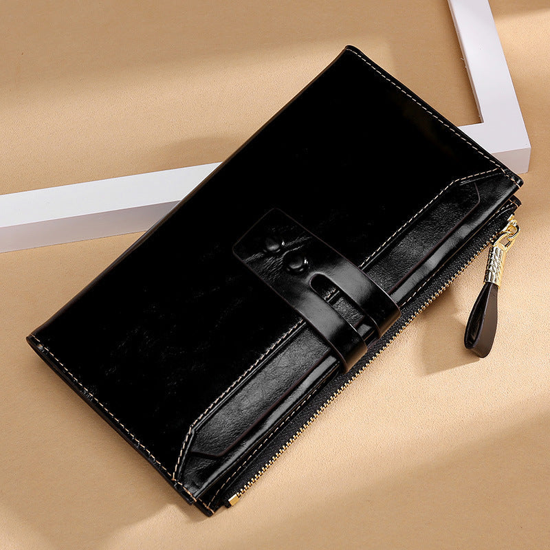 JMT-219594 Long Oil Wax Leather Wallet with Multi Card Slots and Zippered Compartment for Women