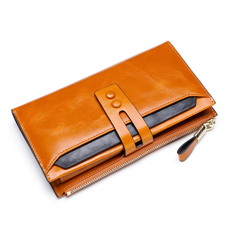 JMT-219594 Long Oil Wax Leather Wallet with Multi Card Slots and Zippered Compartment for Women