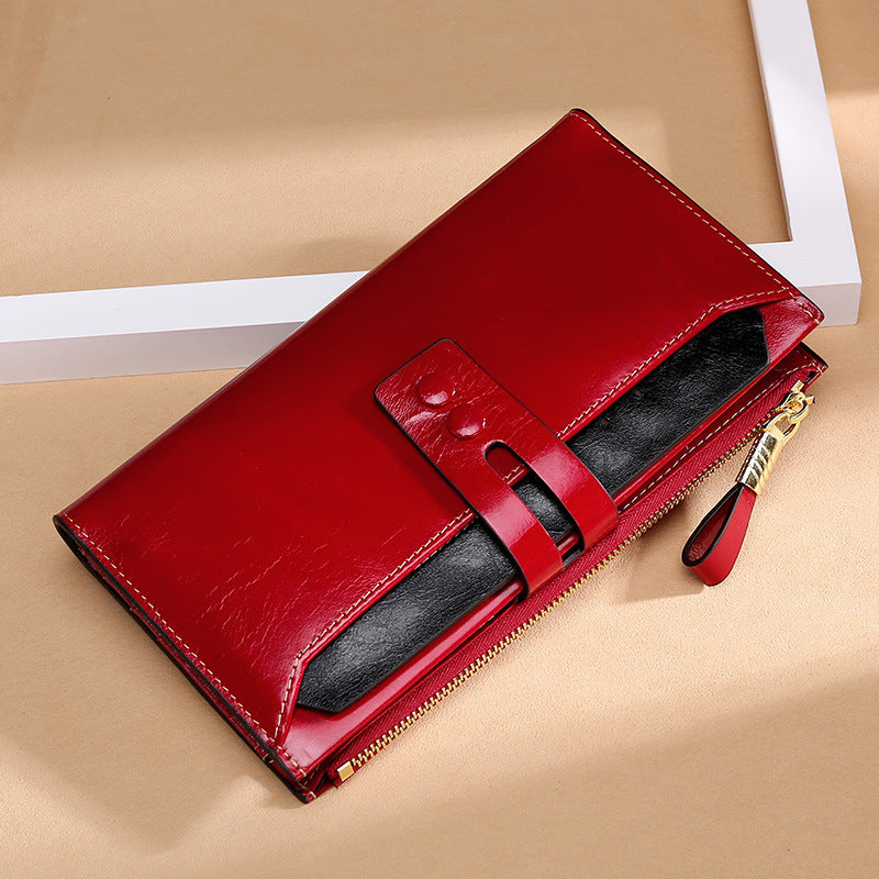 JMT-219594 Long Oil Wax Leather Wallet with Multi Card Slots and Zippered Compartment for Women