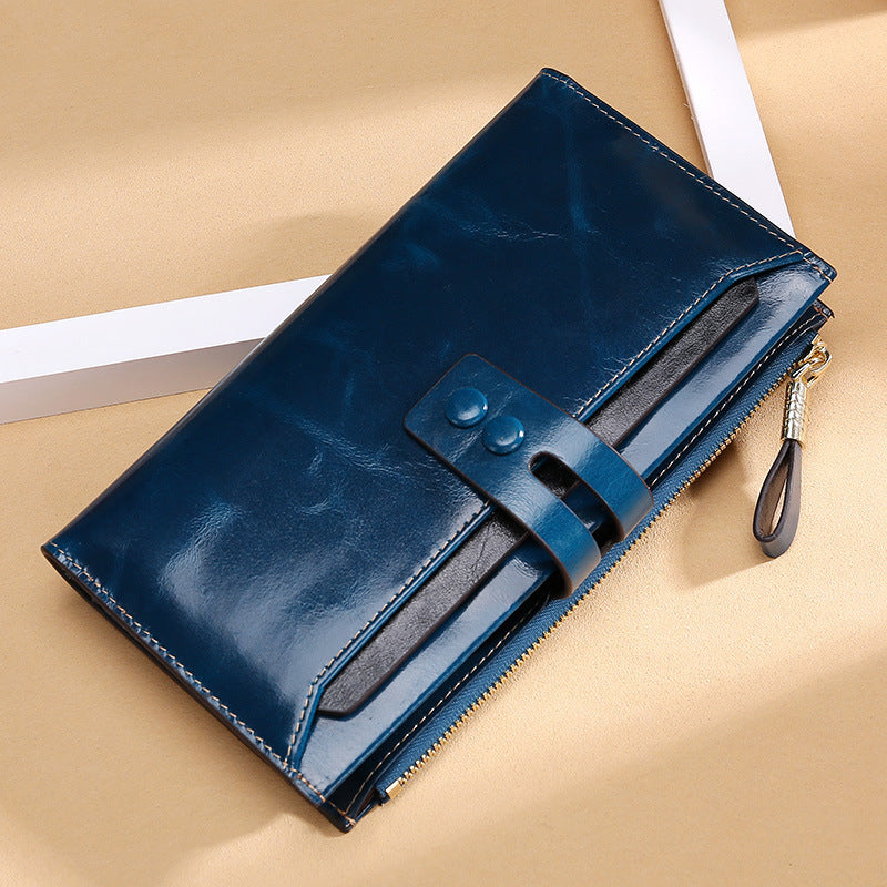 JMT-219594 Long Oil Wax Leather Wallet with Multi Card Slots and Zippered Compartment for Women