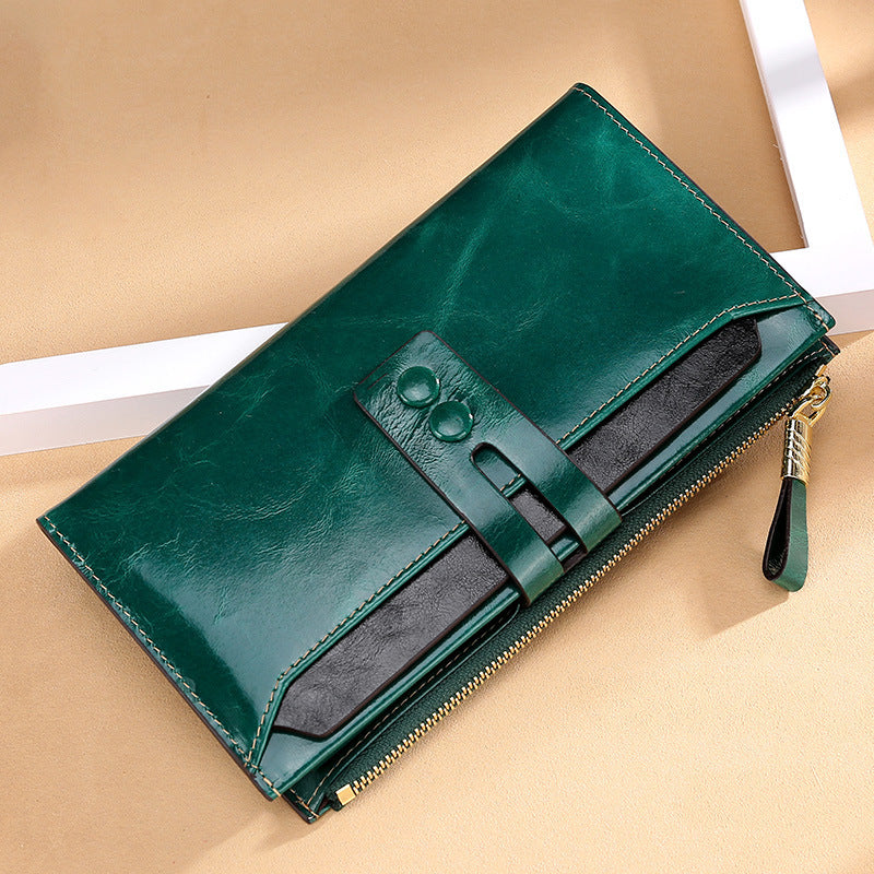 JMT-219594 Long Oil Wax Leather Wallet with Multi Card Slots and Zippered Compartment for Women