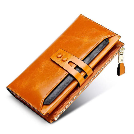 JMT-219594 Long Oil Wax Leather Wallet with Multi Card Slots and Zippered Compartment for Women