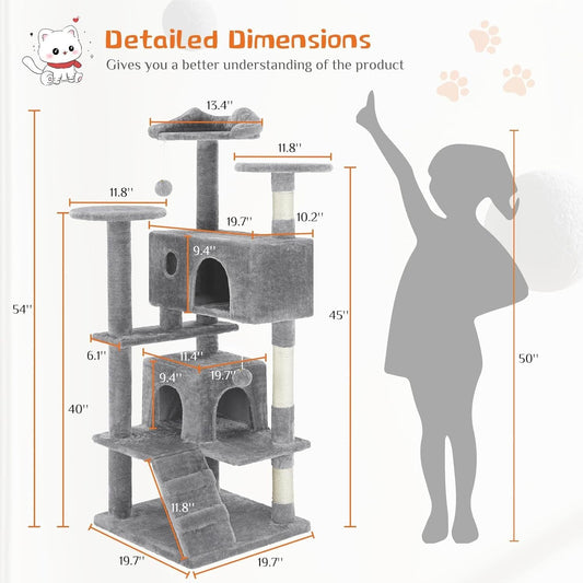 JMT-220426 Multi-Level Cat Tree with Sisal Posts, Plush Toys, and Cozy Rest Areas for Indoor Cats