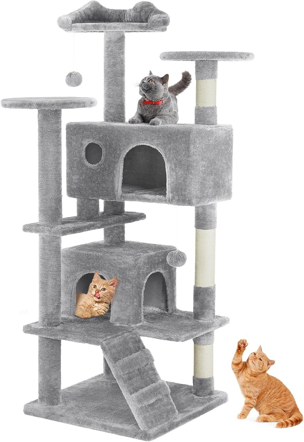 JMT-220426 Multi-Level Cat Tree with Sisal Posts, Plush Toys, and Cozy Rest Areas for Indoor Cats