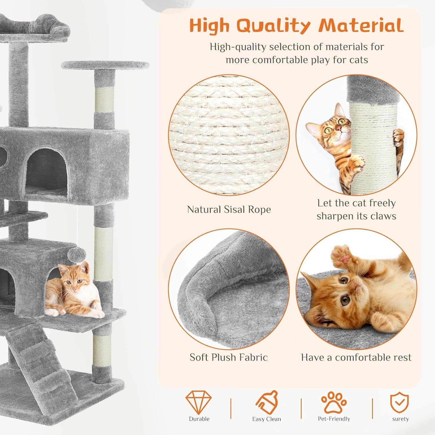 JMT-220426 Multi-Level Cat Tree with Sisal Posts, Plush Toys, and Cozy Rest Areas for Indoor Cats