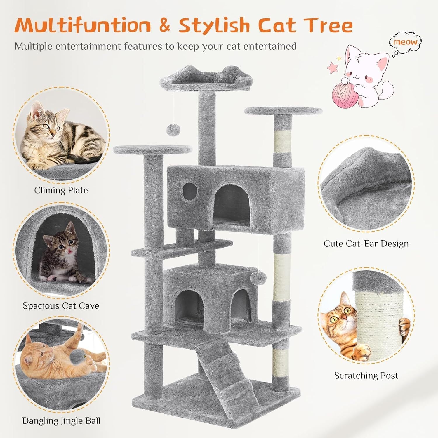 JMT-220426 Multi-Level Cat Tree with Sisal Posts, Plush Toys, and Cozy Rest Areas for Indoor Cats
