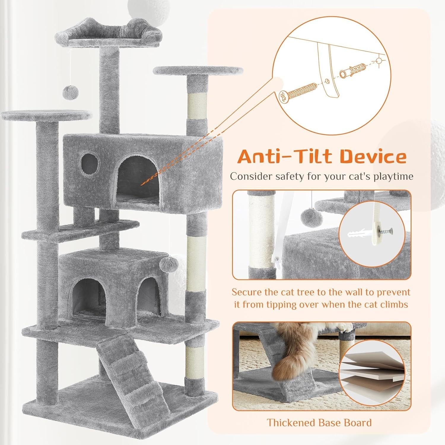 JMT-220426 Multi-Level Cat Tree with Sisal Posts, Plush Toys, and Cozy Rest Areas for Indoor Cats