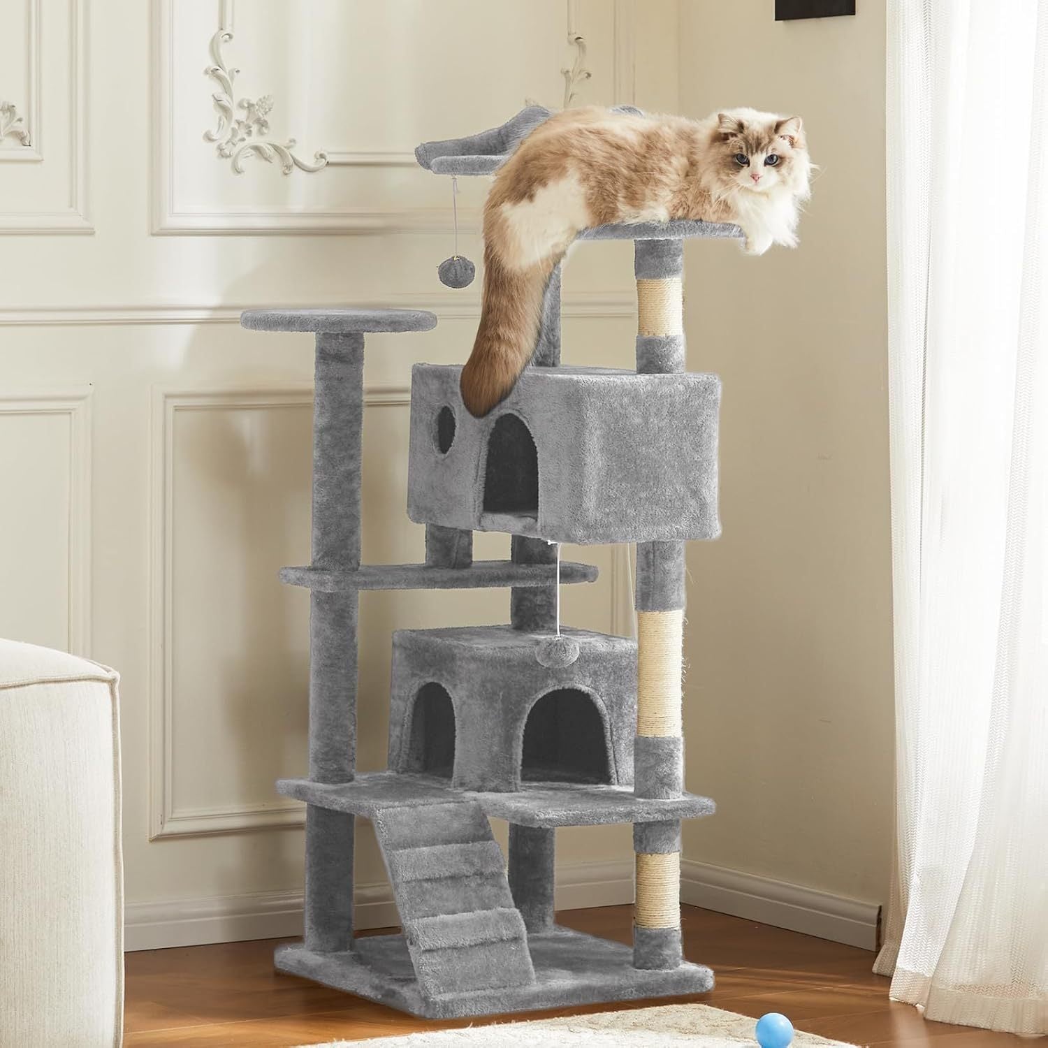 JMT-220426 Multi-Level Cat Tree with Sisal Posts, Plush Toys, and Cozy Rest Areas for Indoor Cats