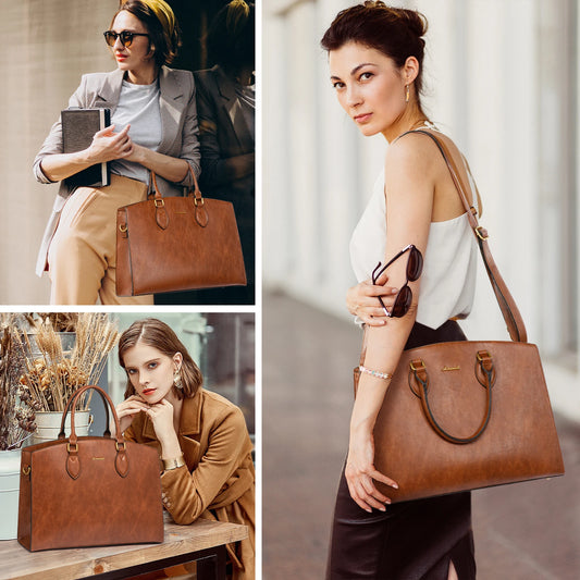 JMT-222538 Stylish 15.6 inch Laptop Bag for Women - Vintage Leather Waterproof Work Tote with Handbag