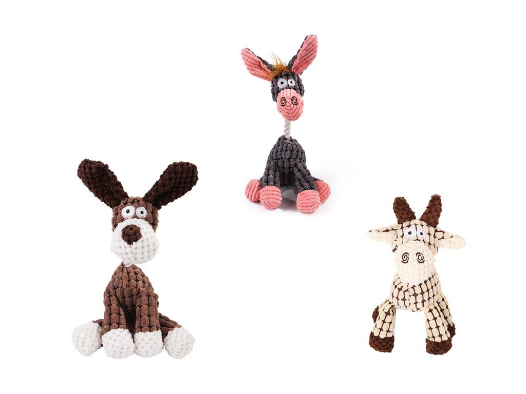 JMT-222858 Corduroy Donkey Shape Plush Chew Toy with Squeaker for Dogs and Puppies