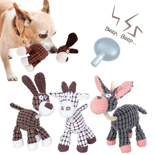 JMT-222858 Corduroy Donkey Shape Plush Chew Toy with Squeaker for Dogs and Puppies