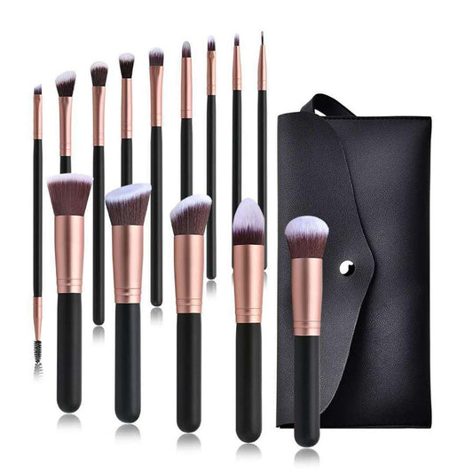 JMT-225290 14-Piece Makeup Brush Set with Wooden Handles and PU Brush Type - Includes Foundation and Eyeshadow Brushes, Portable Black Leather Bag