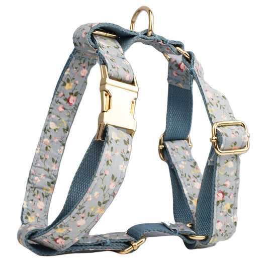 JMT-226506 Blue Floral Polyester Cotton Dog Collar and Leash Set with Accessories for Pets