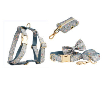 JMT-226506 Blue Floral Polyester Cotton Dog Collar and Leash Set with Accessories for Pets