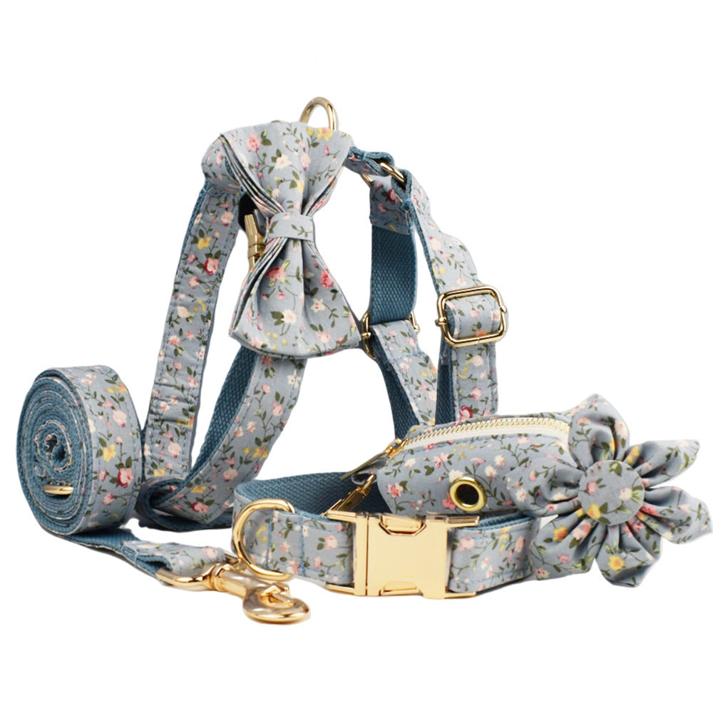 JMT-226506 Blue Floral Polyester Cotton Dog Collar and Leash Set with Accessories for Pets