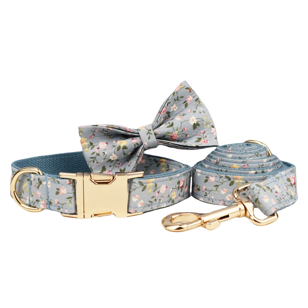 JMT-226506 Blue Floral Polyester Cotton Dog Collar and Leash Set with Accessories for Pets