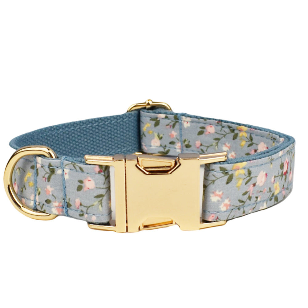JMT-226506 Blue Floral Polyester Cotton Dog Collar and Leash Set with Accessories for Pets