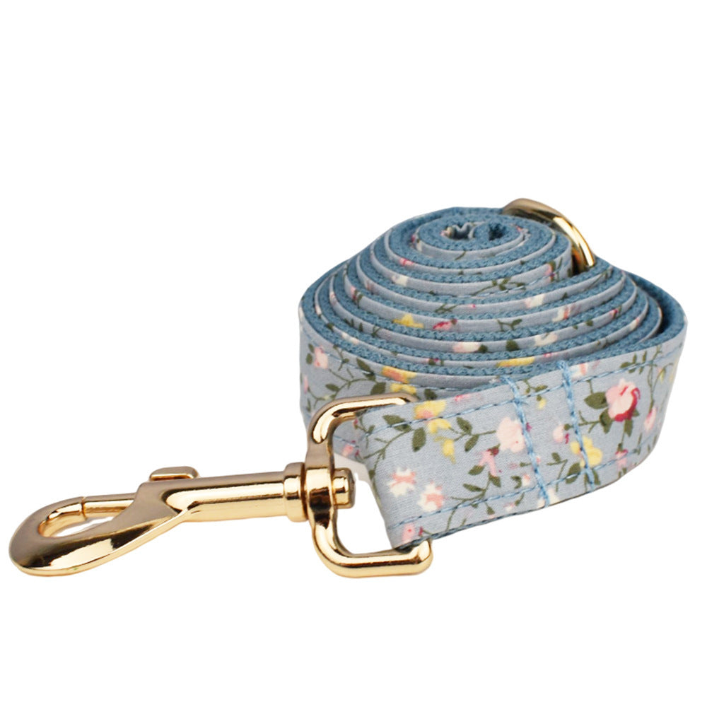 JMT-226506 Blue Floral Polyester Cotton Dog Collar and Leash Set with Accessories for Pets