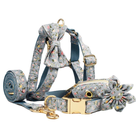 JMT-226506 Blue Floral Polyester Cotton Dog Collar and Leash Set with Accessories for Pets