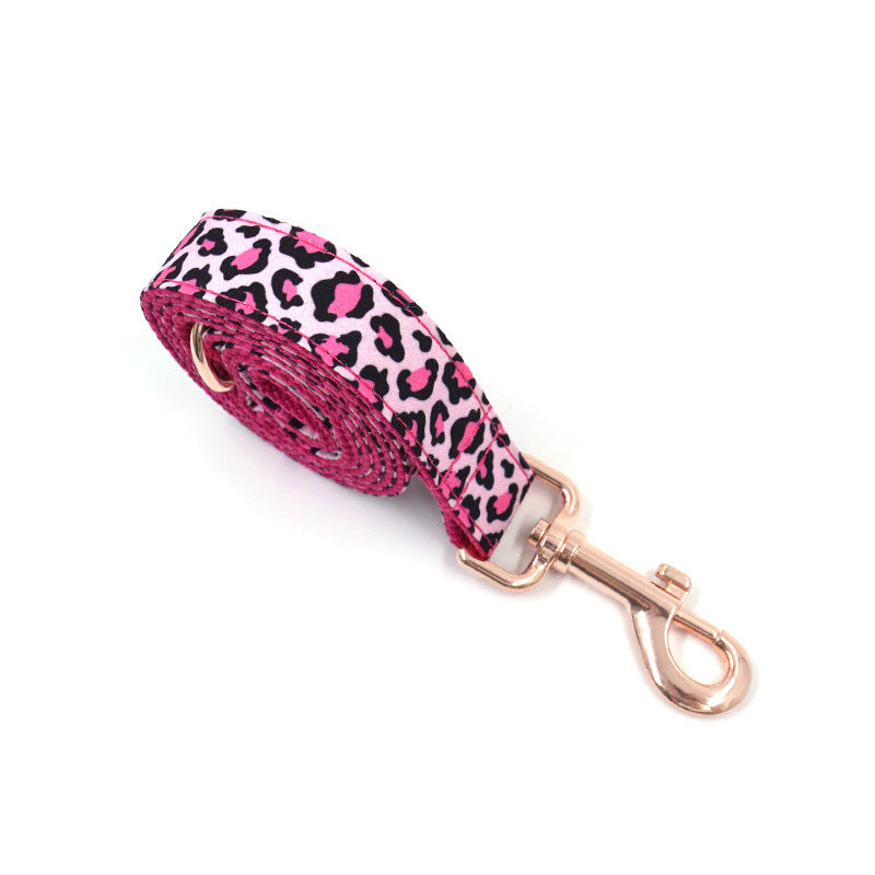 JMT-227658 Leopard Print Rose Gold Pet Collar with Matching Leash and Bow - Sizes XS to XL