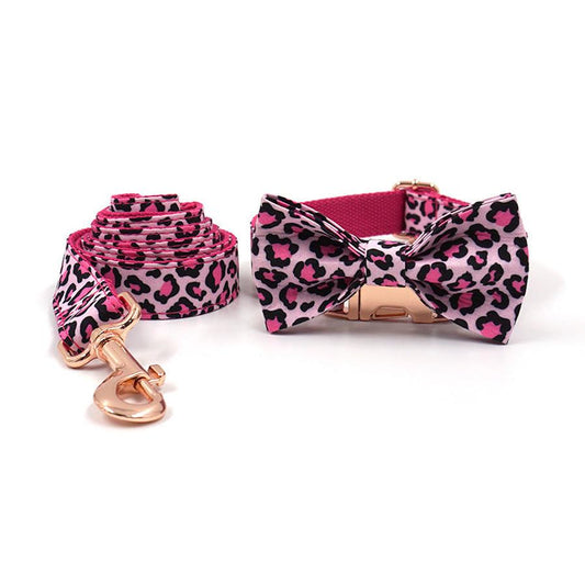 JMT-227658 Leopard Print Rose Gold Pet Collar with Matching Leash and Bow - Sizes XS to XL