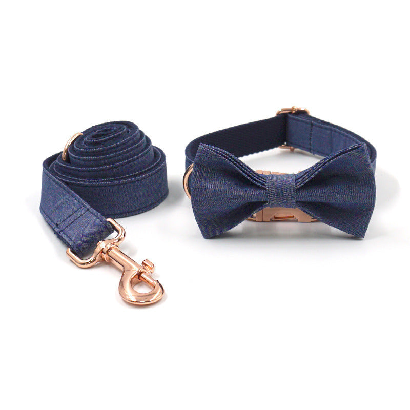 JMT-231114 Rose Gold Denim Dog Collar, Leash, and Bow Tie Set
