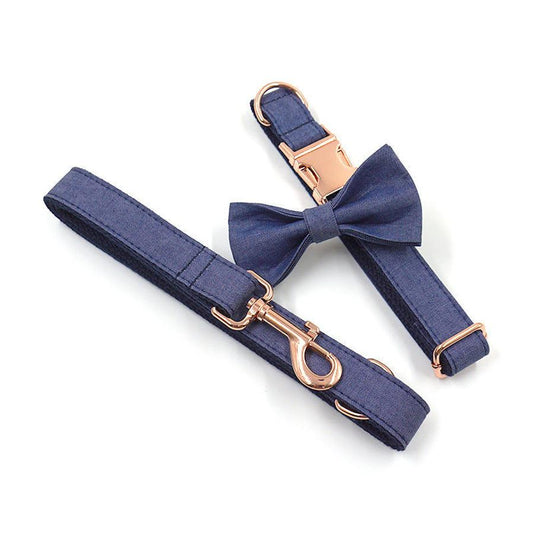 JMT-231114 Rose Gold Denim Dog Collar, Leash, and Bow Tie Set