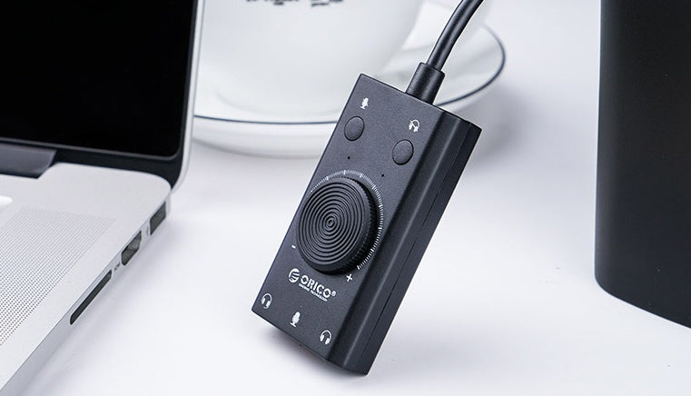 JMT-231242 USB Multi-Function External Sound Card with Mute Switch and Volume Control, Compatible with Windows/Mac OS/Linux