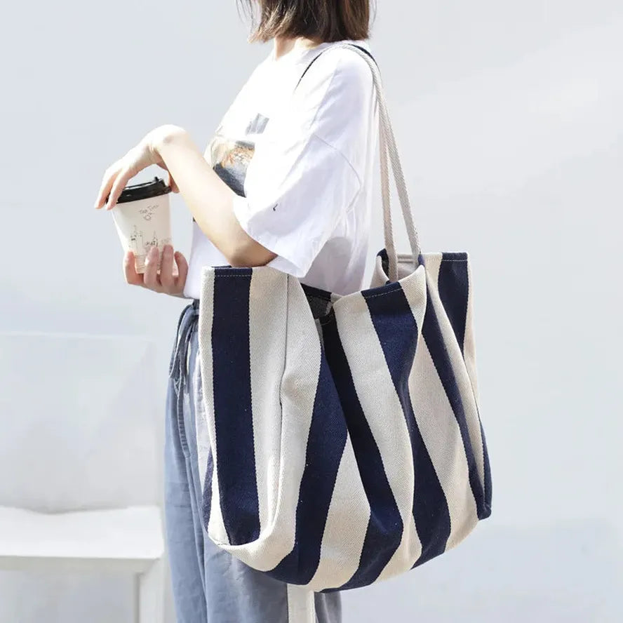 JMT-231306 Women's Striped Tote Bag – Casual Korean Handbag for Shopping and Everyday Use
