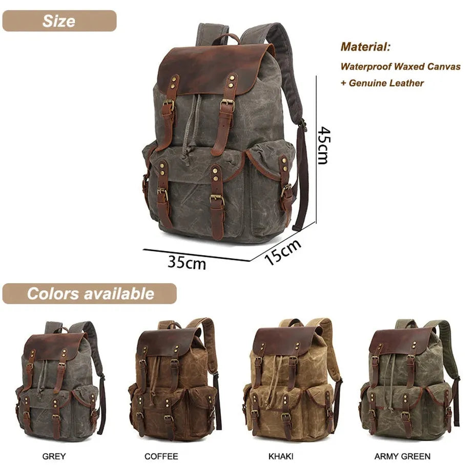 JMT-232586 Retro Genuine Leather Waterproof Waxed Canvas Men's Backpack