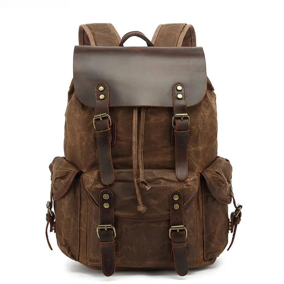 JMT-232586 Retro Genuine Leather Waterproof Waxed Canvas Men's Backpack