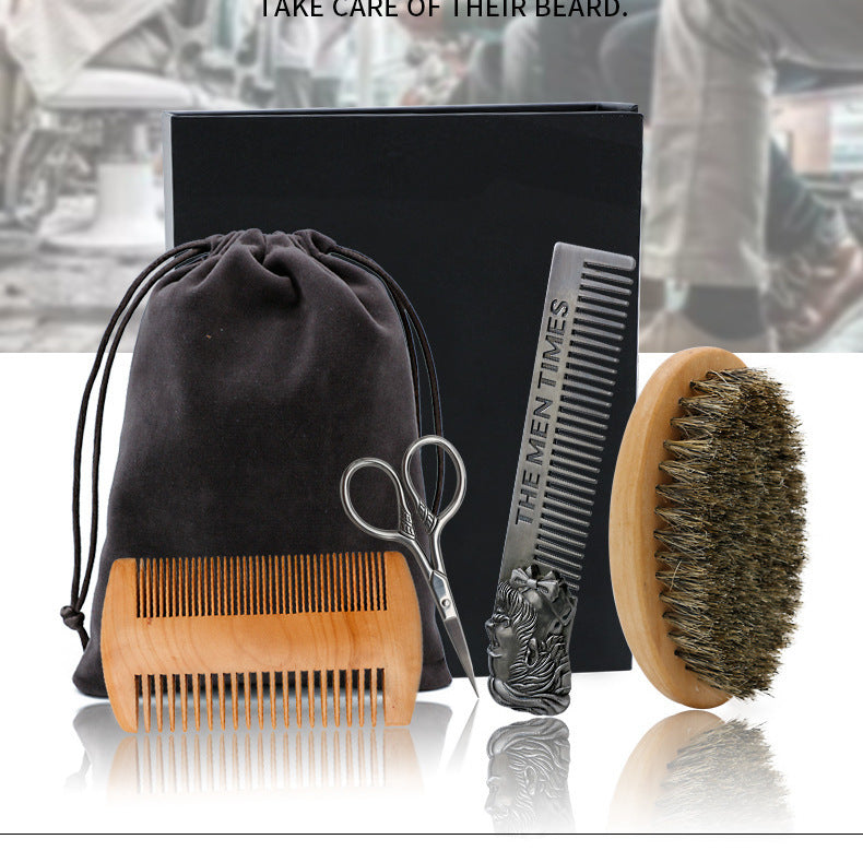 JMT-233162 Beard Care Brush Set with Stainless Steel Combs and Scissors