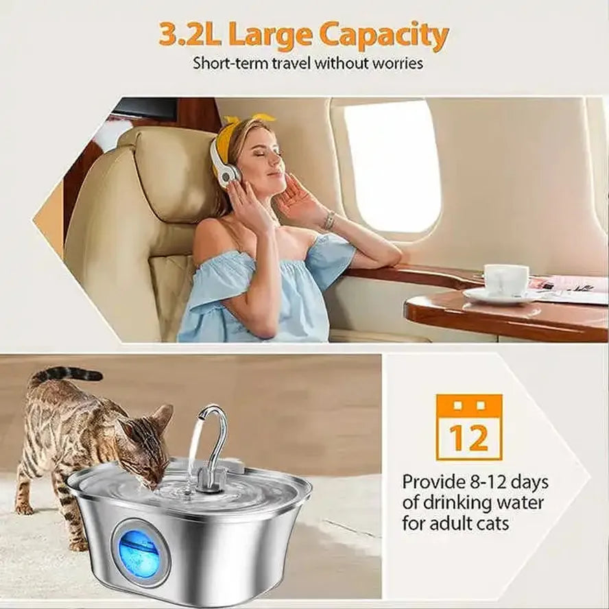 JMT-233290 Stainless Steel Cat Water Fountain with Water Level Window, 3.2L Capacity, Boat-Shaped Design