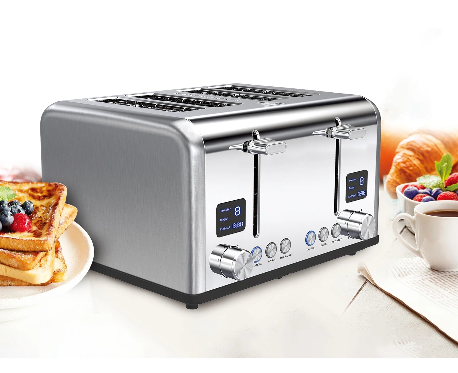 JMT-233866 Stainless Steel Electric 4-Slice Toaster with LED Display and Heat-Proof Crumb Tray