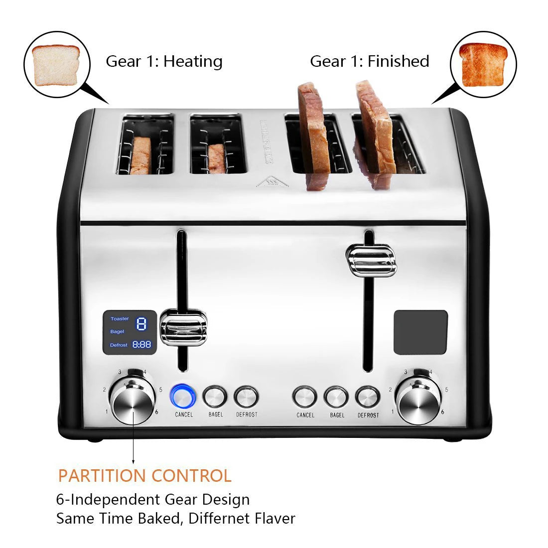 JMT-233866 Stainless Steel Electric 4-Slice Toaster with LED Display and Heat-Proof Crumb Tray