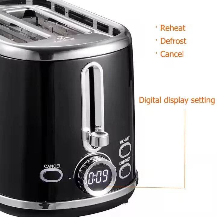 JMT-236170 900W Retro Digital 2-Slice Black Wide Toaster with Timer
