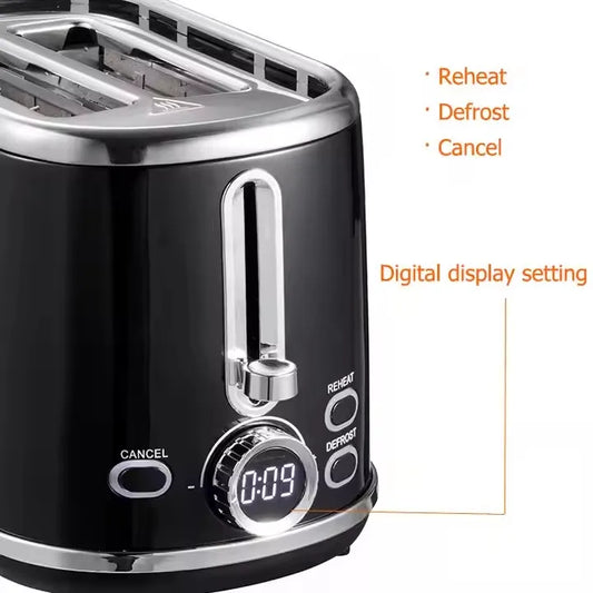 JMT-236170 900W Retro Digital 2-Slice Black Wide Toaster with Timer