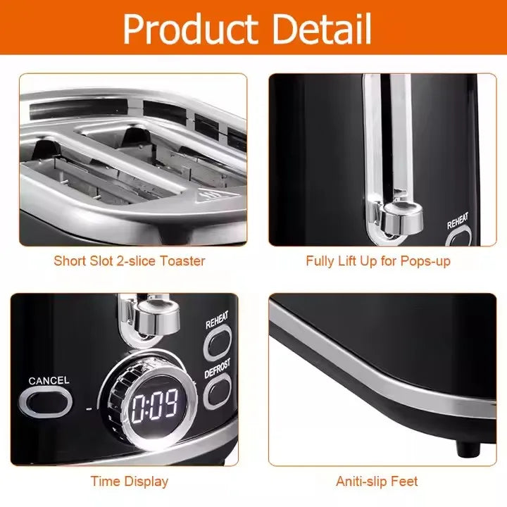JMT-236170 900W Retro Digital 2-Slice Black Wide Toaster with Timer