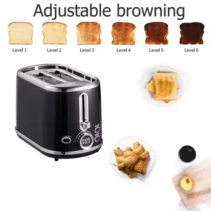 JMT-236170 900W Retro Digital 2-Slice Black Wide Toaster with Timer