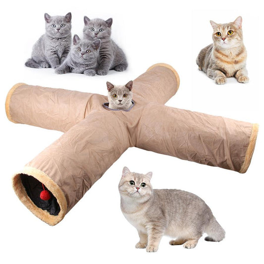 JMT-236234 Cat Tunnel Toy in Khaki and Gray Suede Material